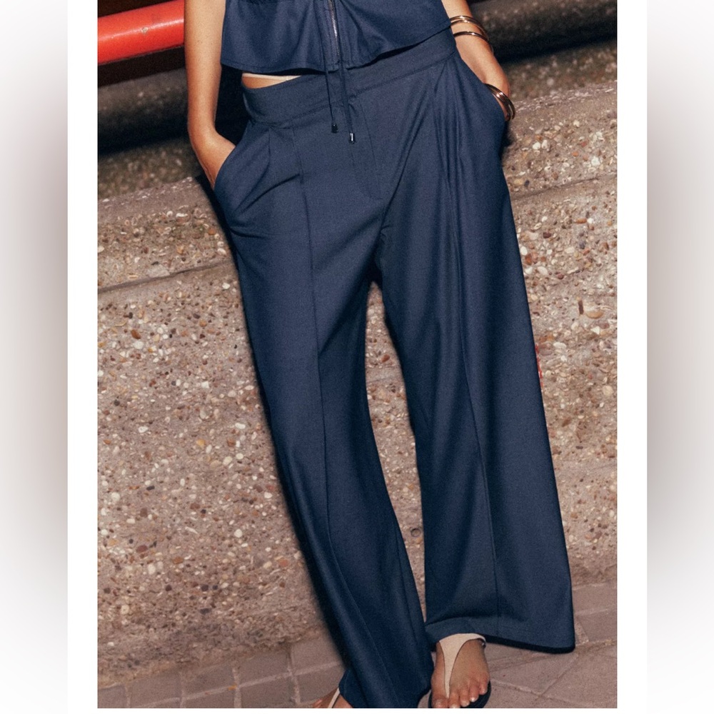 ZARA Womens Navy Pleated Wide-Leg Denim Pant size Small